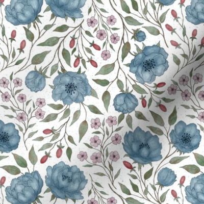  Vintage floral - blue peony garden- textured white background S scale