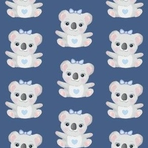 Baby koala with blue accessories, navy background