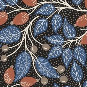 Amaro brown rosehip and blue ridge leaves - textured black background L scale