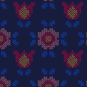 Cross Stitch - Stylized yellow and pink flowers on a blue background