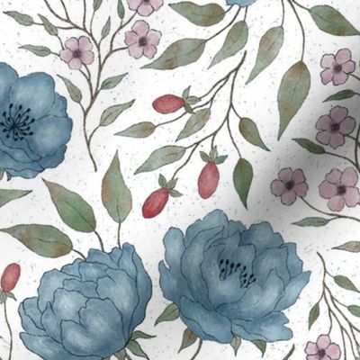 (M) Vintage floral - blue peony garden- textured white background M scale