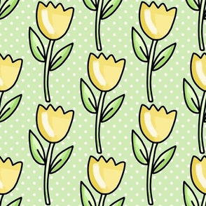 Large Scale Yellow Spring Tulip Flowers and Polkadots on Spring Green