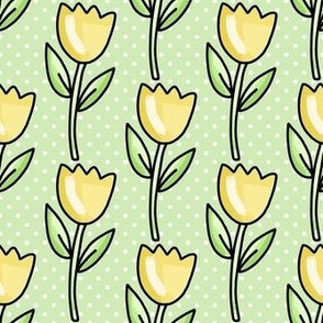 Medium Scale Yellow Spring Tulip Flowers and Polkadots on Spring Green