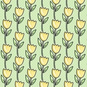 Small Scale Yellow Spring Tulip Flowers and Polkadots on Spring Green
