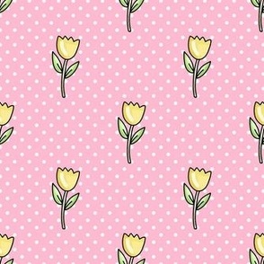 Medium Scale Yellow Spring Tulip Flowers and Polkadots on Pink