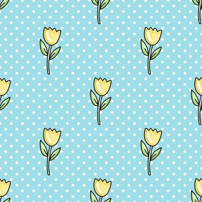 Large Scale Yellow Spring Tulip Flowers and Polkadots on Aqua Blue