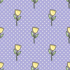 Medium Scale Yellow Spring Tulip Flowers and Polkadots on Lavender
