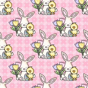 Large Scale Baby Bunny Chick and Spring Tulips on Pink Checkers and Polkadots
