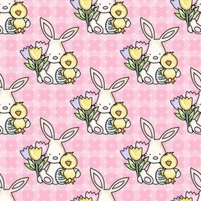 Medium Scale Baby Bunny Chick and Spring Tulips on Pink Checkers and Polkadots