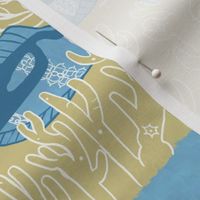 Ocean Crochet: Sea Animals made of lace and cord on a sand beige and blue textured checked background