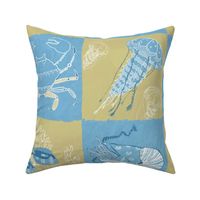 Ocean Crochet: Sea Animals made of lace and cord on a sand beige and blue textured checked background