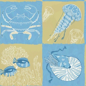 Ocean Crochet: Sea Animals made of lace and cord on a sand beige and blue textured checked background