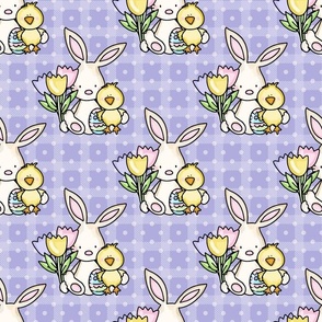 Large Scale Baby Bunny Chick and Spring Tulips on Lavender Checkers and Polkadots