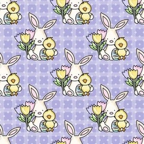 Medium Scale Baby Bunny Chick and Spring Tulips on Lavender Checkers and Polkadots