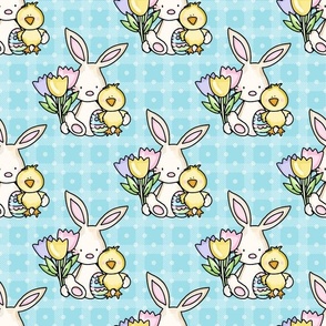 Large Scale Baby Bunny Chick and Spring Tulips on Aqua Blue Checkers and Polkadots