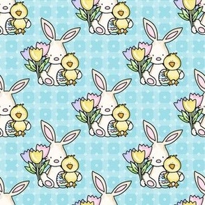 Medium Scale Baby Bunny Chick and Spring Tulips on Aqua Blue Checkers and Polkadots