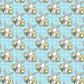 Small Scale Baby Bunny Chick and Spring Tulips on Aqua Blue Checkers and Polkadots