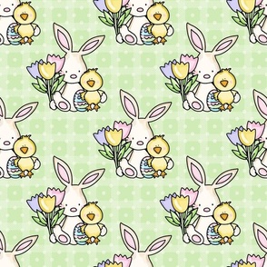 Large Scale Baby Bunny Chick and Spring Tulips on Spring Green Checkers and Polkadots