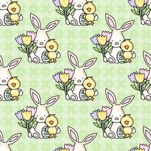 Medium Scale Baby Bunny Chick and Spring Tulips on Spring Green Checkers and Polkadots