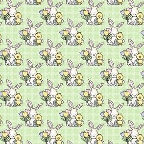 Small Scale Baby Bunny Chick and Spring Tulips on Spring Green Checkers and Polkadots