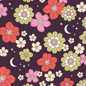 Vintage blossom moon - stars and flowers retro boho summer night with stars and new moon pink blush on ochre