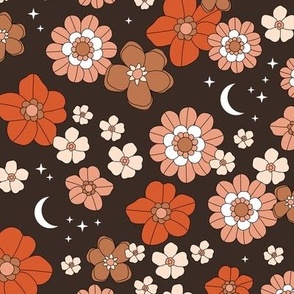 Vintage blossom moon - stars and flowers retro boho summer night with stars and new moon seventies brown beige peach orange red