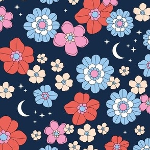 Vintage blossom moon - stars and flowers retro boho summer night with stars and new moon pink red blue usa 4th of july palette on navy