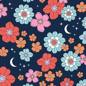 Vintage blossom moon - stars and flowers retro boho summer night with stars and new moon pink orange blue red on navy blue