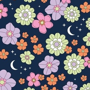 Vintage blossom moon - stars and flowers retro boho summer night with stars and new moon nineties lilac lime pink orange on night blue navy