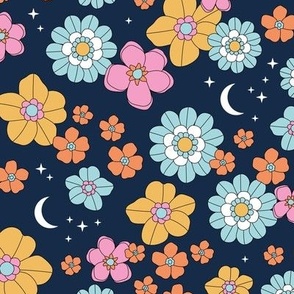 Vintage blossom moon - stars and flowers retro boho summer night with stars and new moon pink orange yellow blue on night navy 