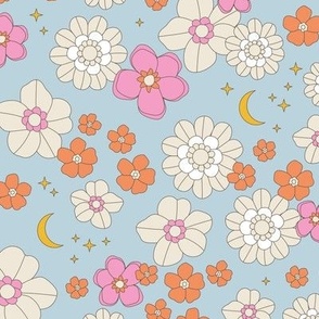 Vintage blossom moon - stars and flowers retro boho summer night with stars and new moon pink orange ivory on light blue