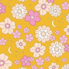Vintage blossom moon - stars and flowers retro boho summer night with stars and new moon pink blush vanilla yellow on ochre