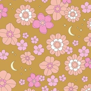 Vintage blossom moon - stars and flowers retro boho summer night with stars and new moon pink blush on ochre