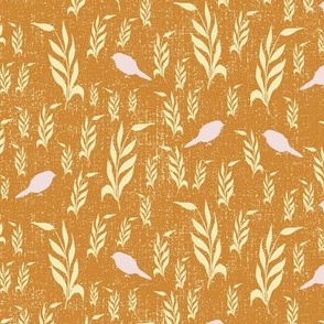 Pink birds with Flax Yellow Wheats on Goldenrod Yellow with Linen Texture 
