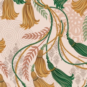 Boho Tassels- Bohemian Mandala- Boho Wallpaper- Vintage Bohemian- Coral Blush Background- Mustard- Gold- Terracotta- Emerald Green- Large