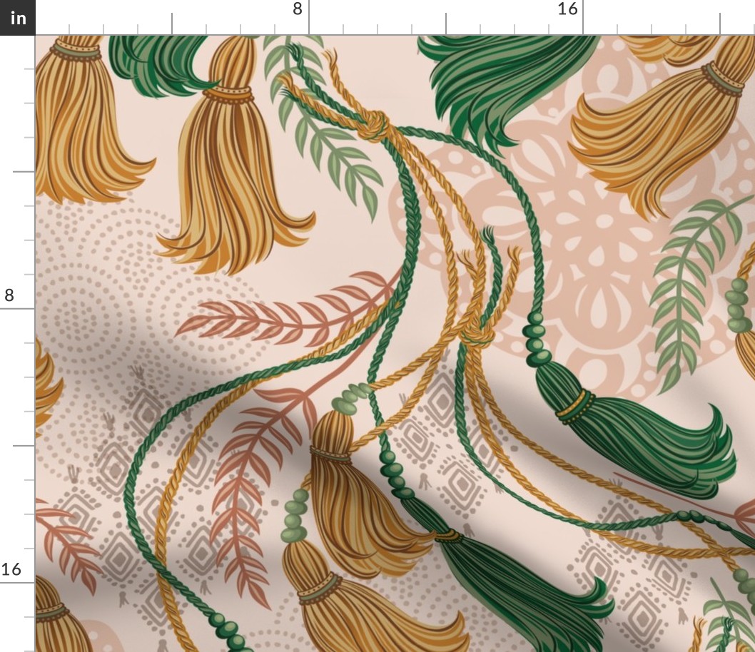 Boho Tassels- Bohemian Mandala- Boho Wallpaper- Vintage Bohemian- Coral Blush Background- Mustard- Gold- Terracotta- Emerald Green- Large