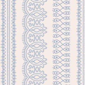 Laces, trims, passementerie, light blue on cream