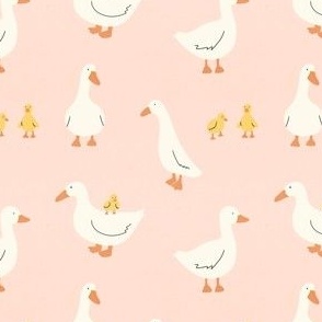 Cute White Ducks and Ducklings - Pink - Small Scale 