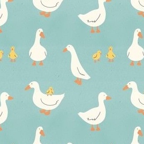 Cute White Ducks and Ducklings - Blue - Small Scale