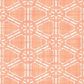 Batik Block Print Ethnic Floral Hexagon Lattice in Peach Fuzz and White (Large Scale)