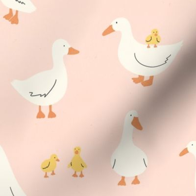 Cute White Ducks and Ducklings - Pink - Large Scale