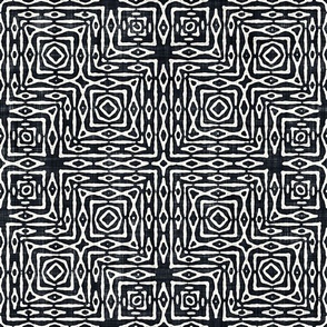 Batik Block Print Ornate Aztec Tribal Squares in Graphite Black and Natural White (Large Scale)