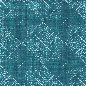 Batik Block Print Textured Diamond Checks in Teal Lagoon and Sea Glass (Medium Scale)