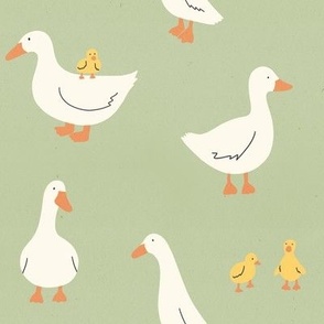 Cute White Ducks and Ducklings - Sage Green - Large Scale 