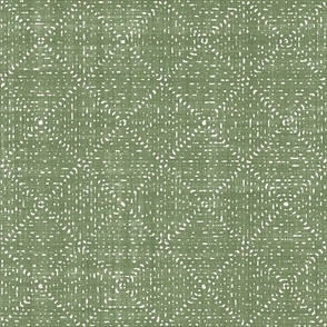 Batik Block Print Textured Diamond Checks in Sage Green and Natural White (Medium Scale)