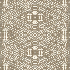 Aztec Geometric Honeycomb Batik Block Print in Mushroom Brown and Natural White (Large Scale)