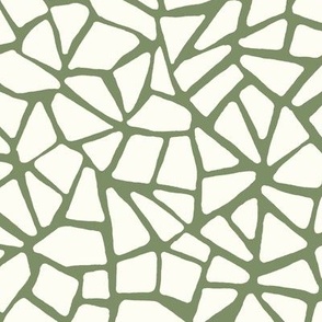 Hand Drawn Cracked Kintsugi Mosaic, Natural White on Sage Green (Medium Scale)