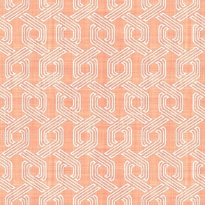 Retro 70s Hexagon Chain Link Stripes Batik Block Print in Peach Fuzz and White (Medium Scale)