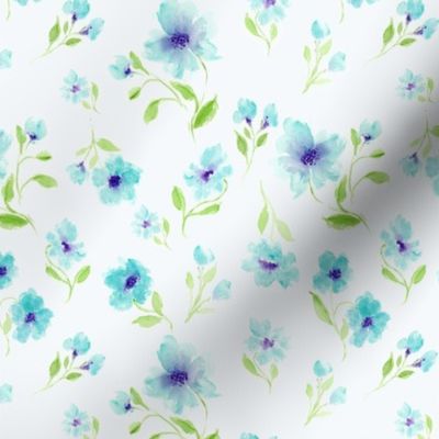 Watercolor flowers in Blue and Violet  3 inch ditsy scale