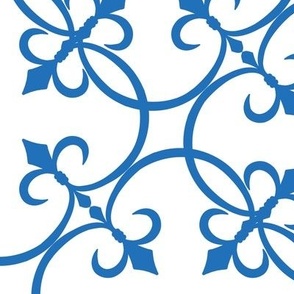 Wrought Iron Fleur-de-Lis Lace blue on white